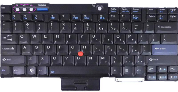 image of a Lenovo T60 Thinkpad keyboard with volume buttons circled in purple.